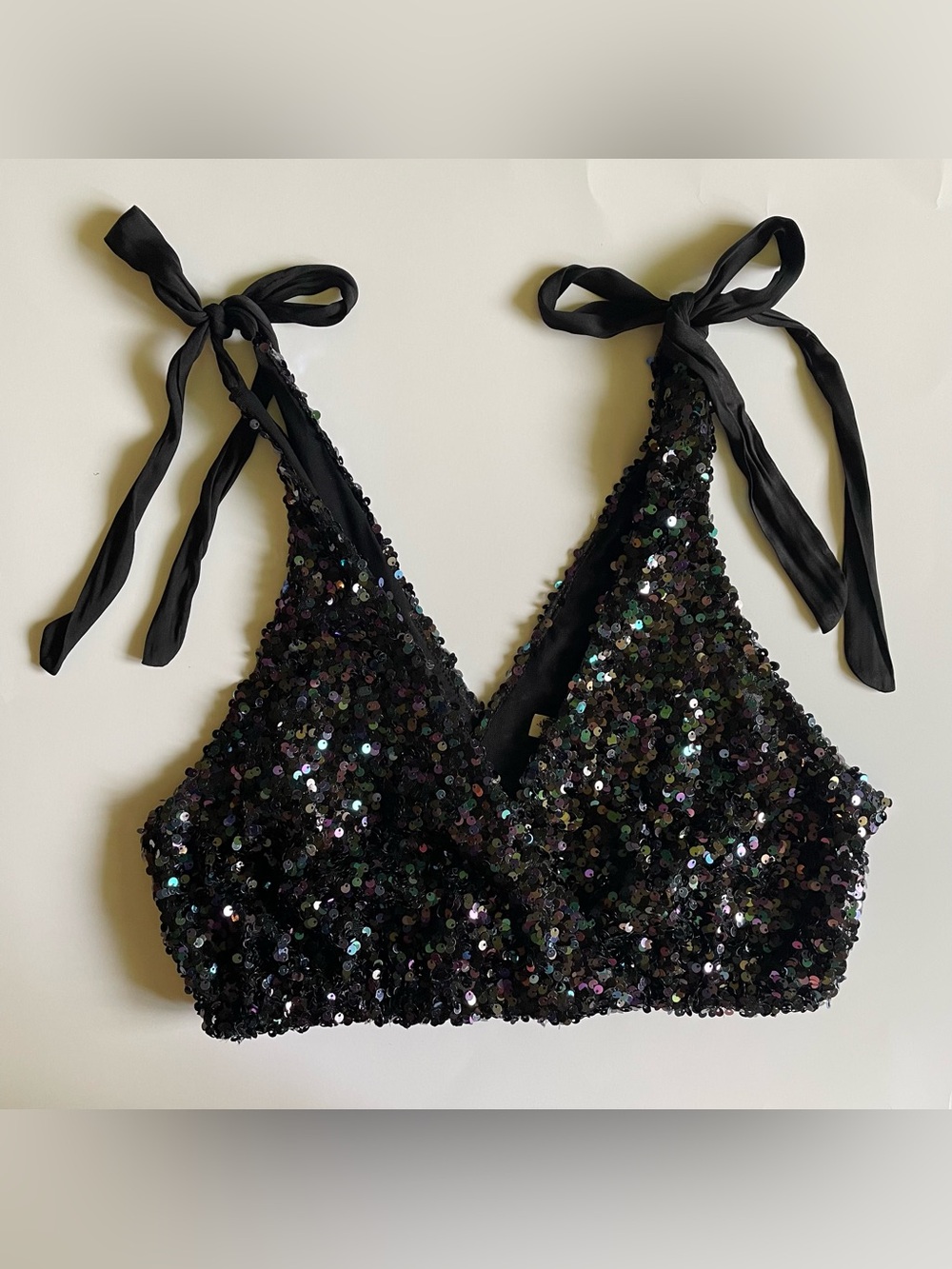 NWOT Free People Black Sequin Tie-Strap Bralette Crop Top with adjustable ties